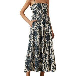 NWT Shona Joy Diana Shirred Tiered Midi Dress in Indigo/Ivory Size 6